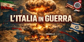 Immagine che evoca un'esplosione a Sigonella, attorniata dalle bandiere di IRan, USA e Israele