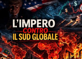 Immagini che evocano la guerra con il mondo in fiamme. Donald Trump con espressione diabolica in primo piano