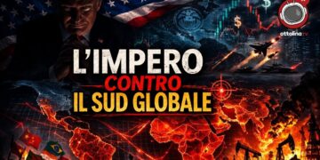 Immagini che evocano la guerra con il mondo in fiamme. Donald Trump con espressione diabolica in primo piano