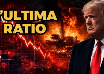 Indici di borsa e piattaforma petrolifera in fiamme. Donald Trump con espressione severa in primo piano
