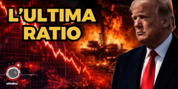 Indici di borsa e piattaforma petrolifera in fiamme. Donald Trump con espressione severa in primo piano