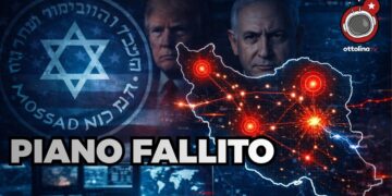 Logo del Mossad con accanto Donald Trump e Benjamin Netanhyau. Profilo dell'Iran con mirini ed esplosioni in primo piano