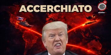 Mappa del mondo che evoca le guerre. Donald Trump con un'espressione stupida in primo piano