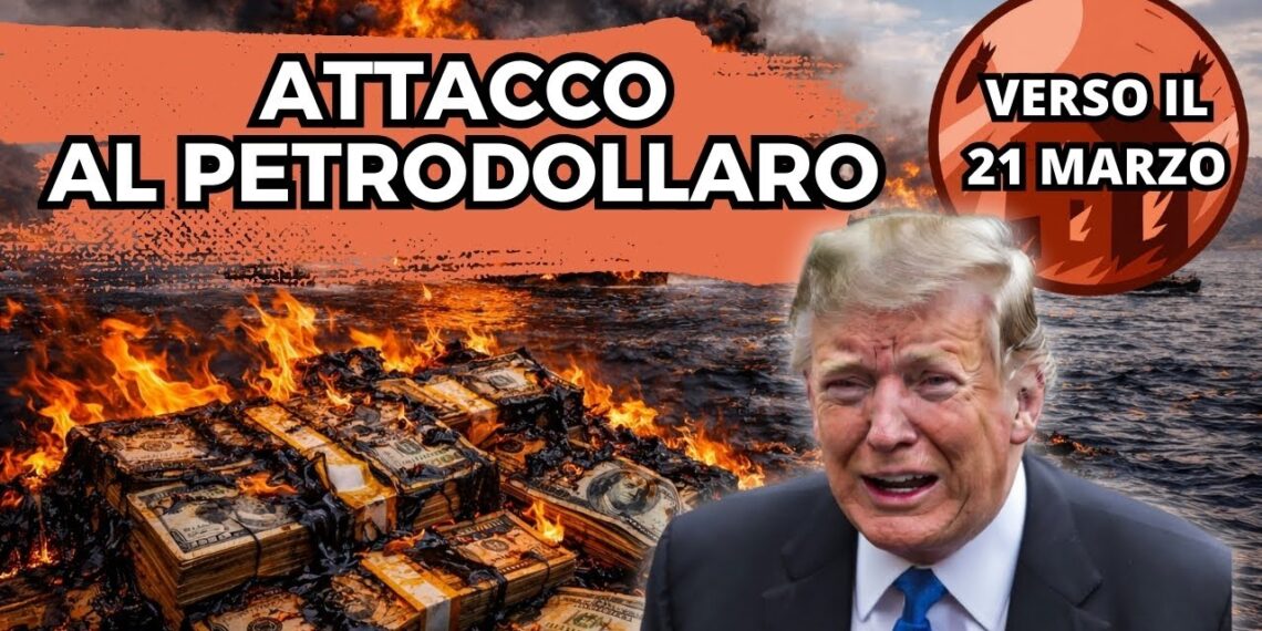 Mazzette di dollari sporche di petrolio e in fiamme a sinistra. A destra lo Stretto di Hormuz. Donald Trump in lacrime in primo piano