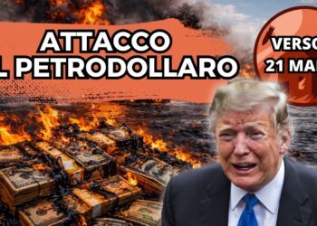Mazzette di dollari sporche di petrolio e in fiamme a sinistra. A destra lo Stretto di Hormuz. Donald Trump in lacrime in primo piano