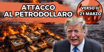 Mazzette di dollari sporche di petrolio e in fiamme a sinistra. A destra lo Stretto di Hormuz. Donald Trump in lacrime in primo piano