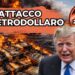 Mazzette di dollari sporche di petrolio e in fiamme a sinistra. A destra lo Stretto di Hormuz. Donald Trump in lacrime in primo piano