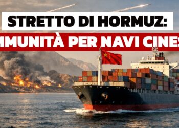 Nave porta-container battente bandiera cinese in mare con la costa sullo sfondo in fiamme