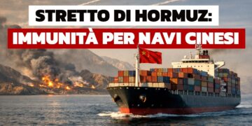 Nave porta-container battente bandiera cinese in mare con la costa sullo sfondo in fiamme