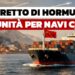 Nave porta-container battente bandiera cinese in mare con la costa sullo sfondo in fiamme