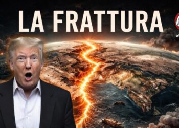 Porzione di pianeta Terra attraversato da una frattura infuocata. Donald Trump in primo piano