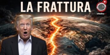 Porzione di pianeta Terra attraversato da una frattura infuocata. Donald Trump in primo piano