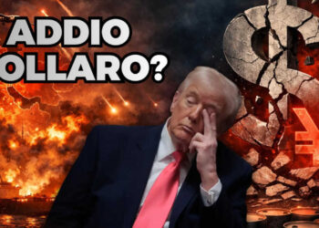 Scenario di guerra e simboli di dollaro e yuan. Donald Trump in primo piano