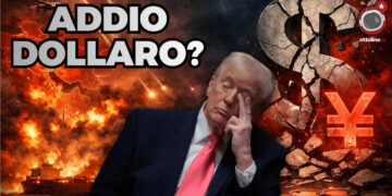 Scenario di guerra e simboli di dollaro e yuan. Donald Trump in primo piano