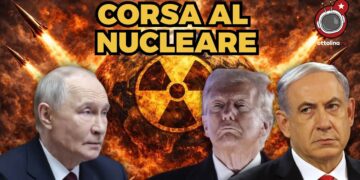 Simbolo della radioattività da cui partono missili. Vladimir Putin, Donald Trump e Benjamin Netanhyau in primo piano