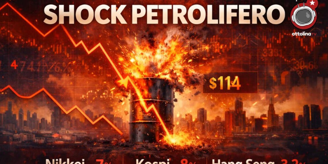 Sullo sfondo di due città moderne, un barile di petrolio esplode con un grafico dell'aumento del prezzo