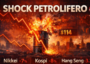 Sullo sfondo di due città moderne, un barile di petrolio esplode con un grafico dell'aumento del prezzo