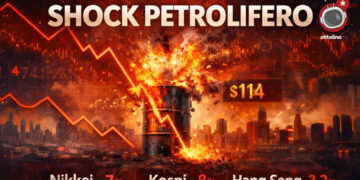 Sullo sfondo di due città moderne, un barile di petrolio esplode con un grafico dell'aumento del prezzo