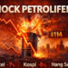 Sullo sfondo di due città moderne, un barile di petrolio esplode con un grafico dell'aumento del prezzo