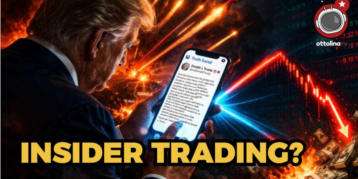 Sullo sfondo, esplosioni e indici di Borsa. Donald Trump scrive su Truth Social da uno smartphone in primo piano