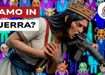 Sullo sfondo, personaggi di un videogioco 8 bit. L'Italia con un'arma puntata in bocca in primo piano