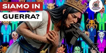 Sullo sfondo, personaggi di un videogioco 8 bit. L'Italia con un'arma puntata in bocca in primo piano