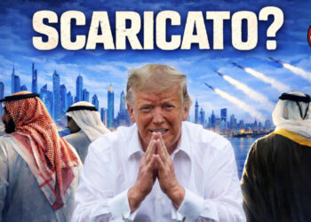 Sullo sfondo una città degli Emirati sovrastata da missili. In primo piano Donald Trump con due uomini arabi che gli voltano le spalle