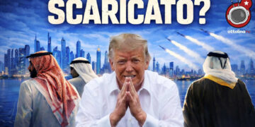 Sullo sfondo una città degli Emirati sovrastata da missili. In primo piano Donald Trump con due uomini arabi che gli voltano le spalle