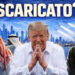 Sullo sfondo una città degli Emirati sovrastata da missili. In primo piano Donald Trump con due uomini arabi che gli voltano le spalle