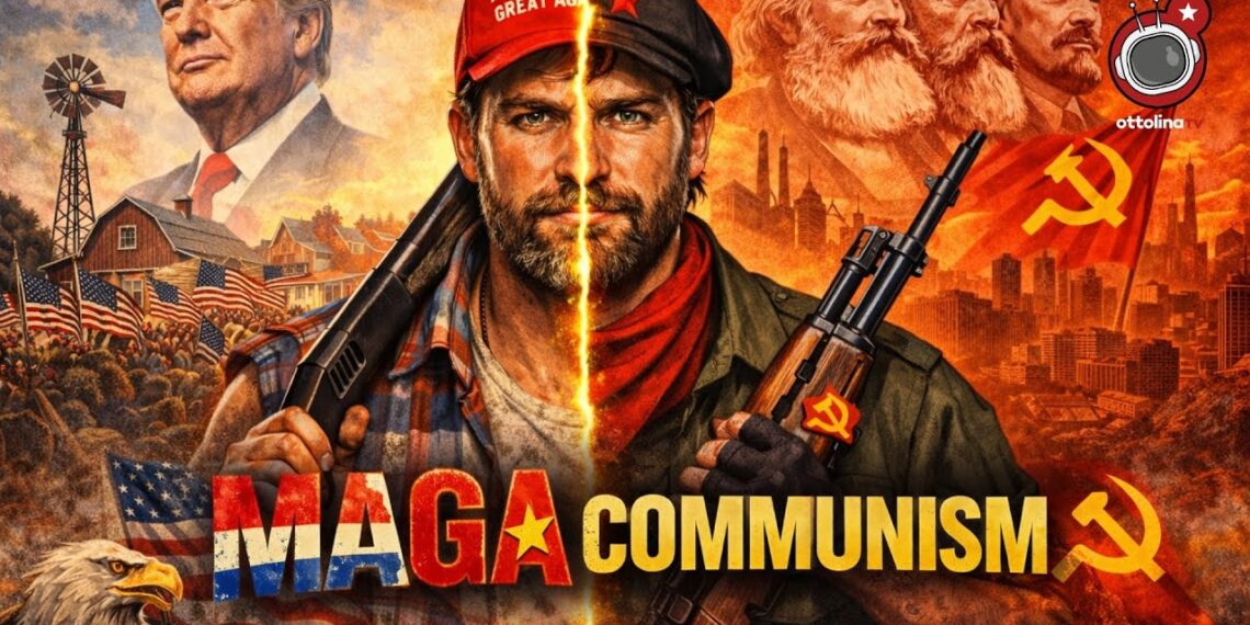 Un uomo che per una metà rappresenta l'appartenenza MAGA e per l'altra la militanza comunista