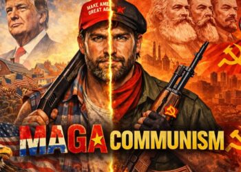 Un uomo che per una metà rappresenta l'appartenenza MAGA e per l'altra la militanza comunista