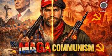 Un uomo che per una metà rappresenta l'appartenenza MAGA e per l'altra la militanza comunista