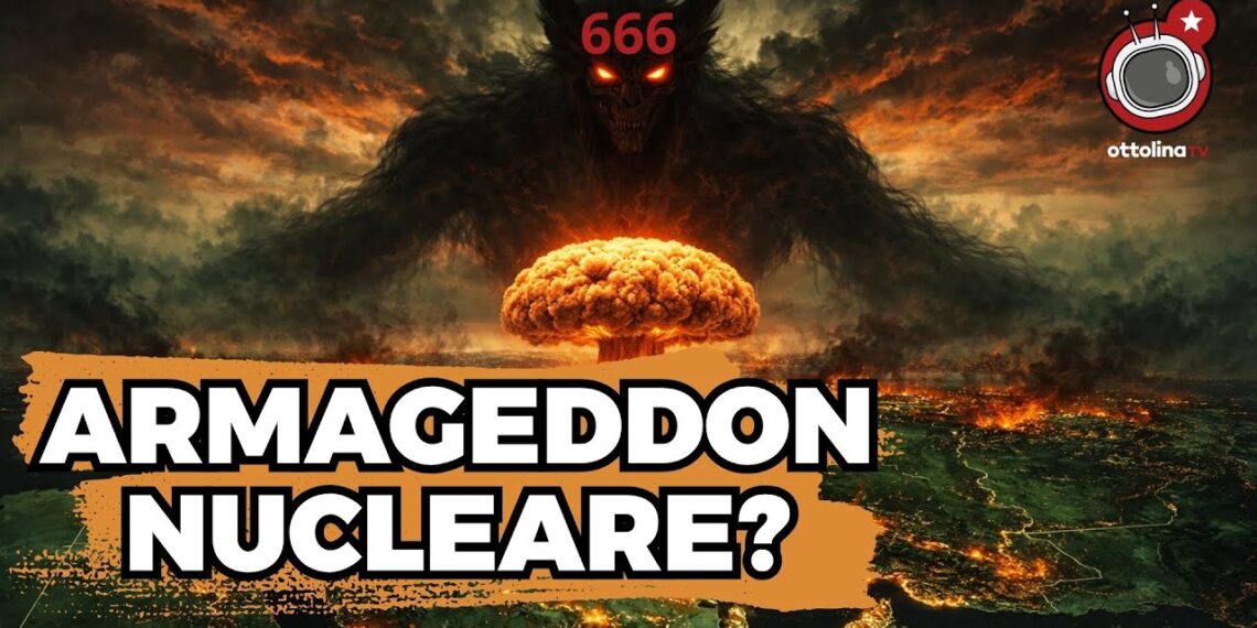 Una bestia satanica si staglia nel cielo incombendo su un fungo atomico che si eleva dalla mappa dell'Iran