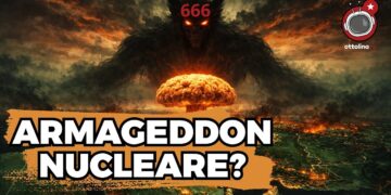 Una bestia satanica si staglia nel cielo incombendo su un fungo atomico che si eleva dalla mappa dell'Iran