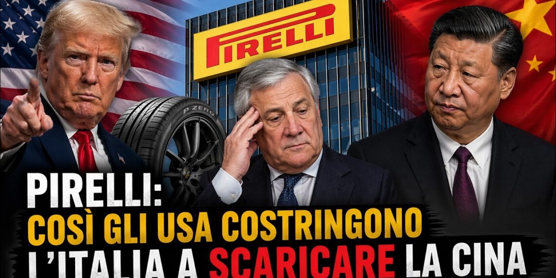 A sinistra Donald Trump con bandiera USa. Al centro Antonio Tajani con alle spalle la Pirelli e uno pneumatico. A sinistra Xi Jinping con bandiera cinese