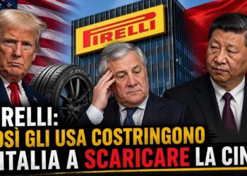 A sinistra Donald Trump con bandiera USa. Al centro Antonio Tajani con alle spalle la Pirelli e uno pneumatico. A sinistra Xi Jinping con bandiera cinese