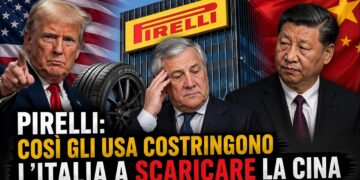 A sinistra Donald Trump con bandiera USa. Al centro Antonio Tajani con alle spalle la Pirelli e uno pneumatico. A sinistra Xi Jinping con bandiera cinese