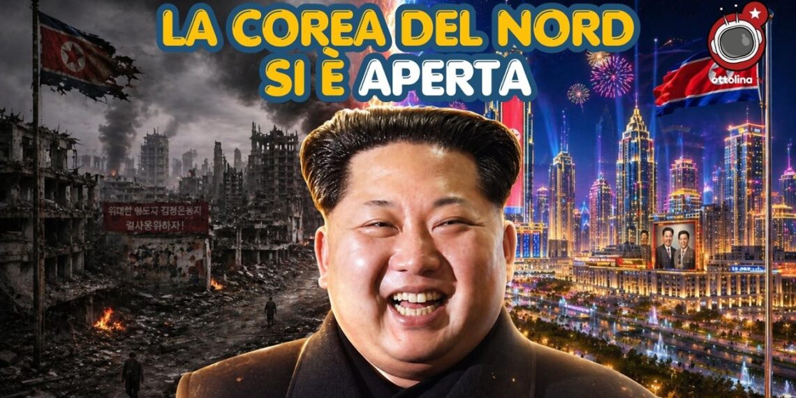 A sinistra città coreana del nord distrutta. A destra la stessa città ricostruita. Kim Jong Un in primo piano