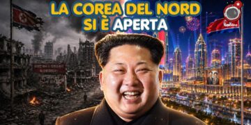 A sinistra città coreana del nord distrutta. A destra la stessa città ricostruita. Kim Jong Un in primo piano