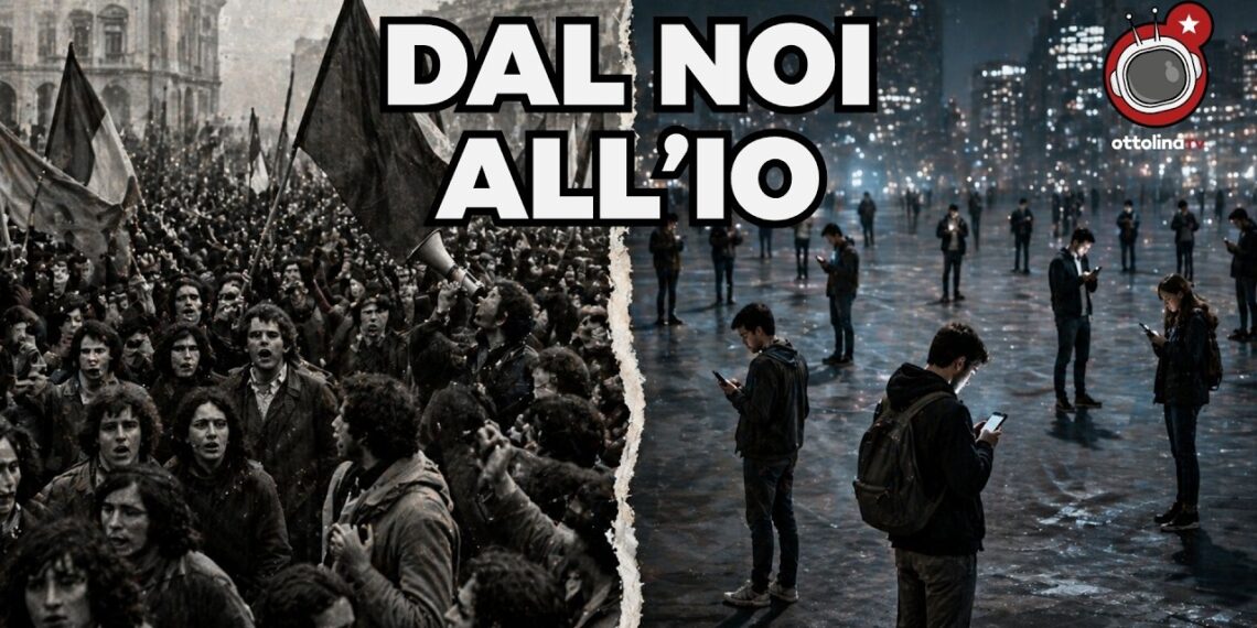 A sinistra folla che protesta. A destra singole persone con gli occhi sullo schermo dello smartphone