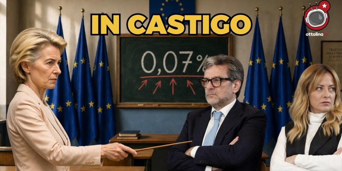 Aula scolastica con bandiere dell'Europa e la scritta 007 sulla lavagna. Ursula von der Leyen bacchetta Giancarlo Giorgetti e Giorgia Meloni