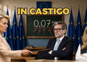 Aula scolastica con bandiere dell'Europa e la scritta 007 sulla lavagna. Ursula von der Leyen bacchetta Giancarlo Giorgetti e Giorgia Meloni