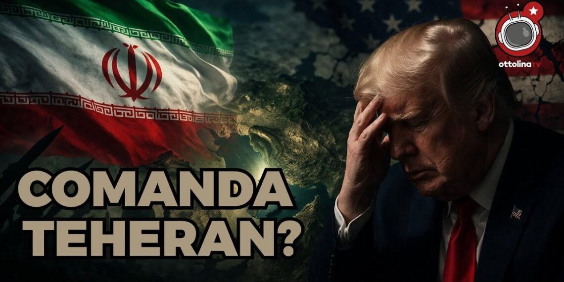 Bandiere dell'Iran e degli USA sullo sfondo. Donald Trump preoccupato in primo piano