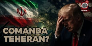 Bandiere dell'Iran e degli USA sullo sfondo. Donald Trump preoccupato in primo piano
