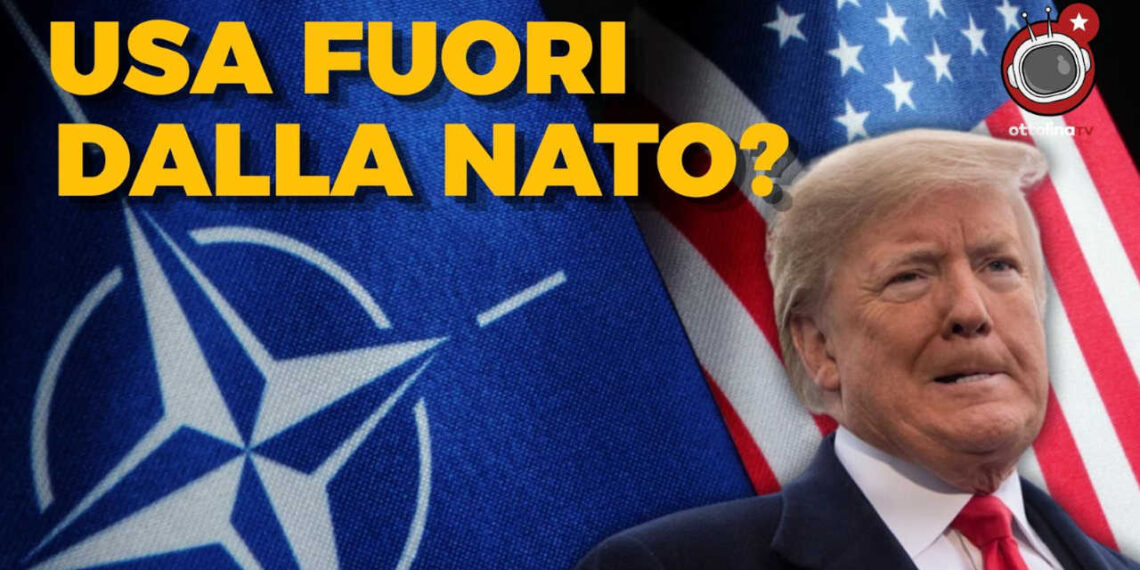 Bandiere della NATO e degli USA. Donald Trump perplesso in primo piano
