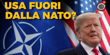 Bandiere della NATO e degli USA. Donald Trump perplesso in primo piano