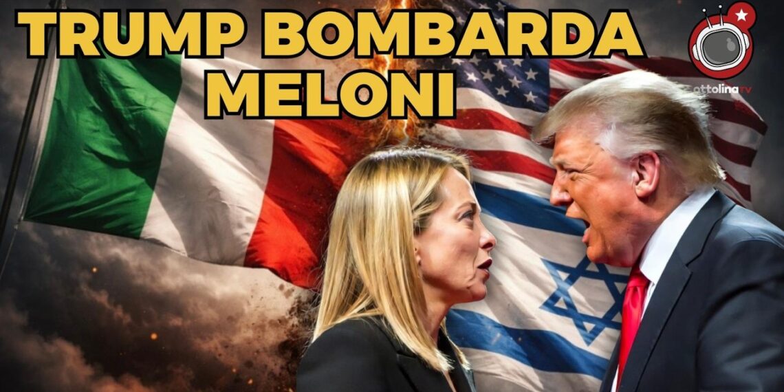 Bandiere italiana e USA sullo sfondo. Donald Trump urla in faccia a Giorgia Meloni in primo piano