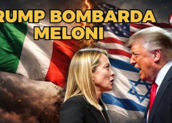 Bandiere italiana e USA sullo sfondo. Donald Trump urla in faccia a Giorgia Meloni in primo piano