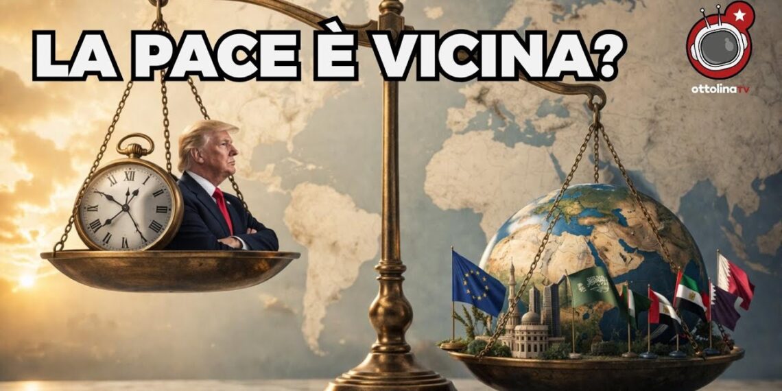Bilancia. Su un piatto Donald Trump con un orologio. Sull'altro un mappamondo con le bandiere del mondo multipolare