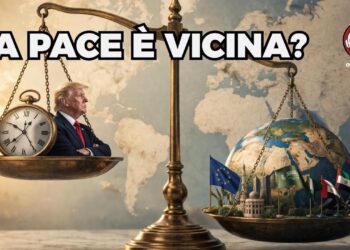 Bilancia. Su un piatto Donald Trump con un orologio. Sull'altro un mappamondo con le bandiere del mondo multipolare